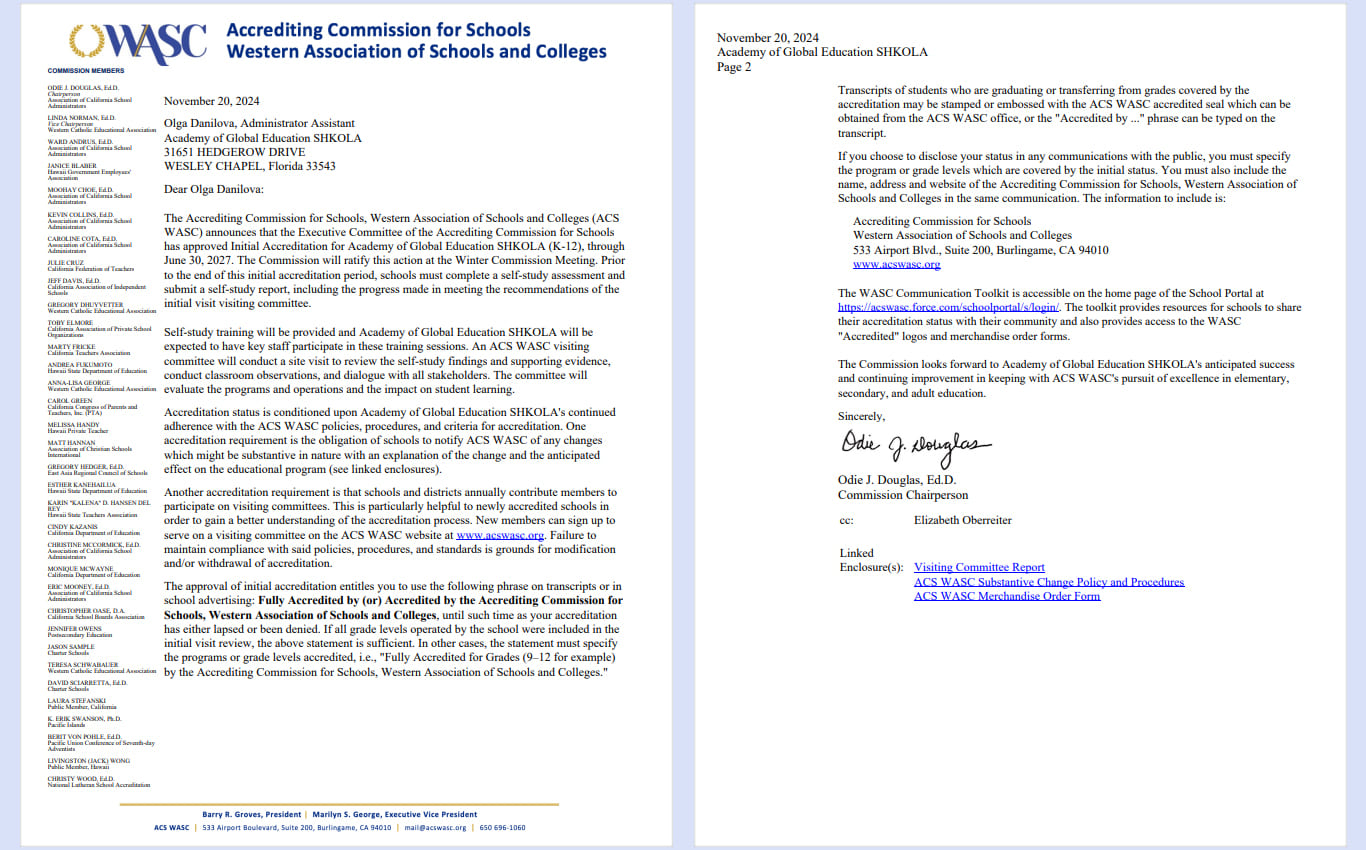 SHKOLA WASC accreditation certificate