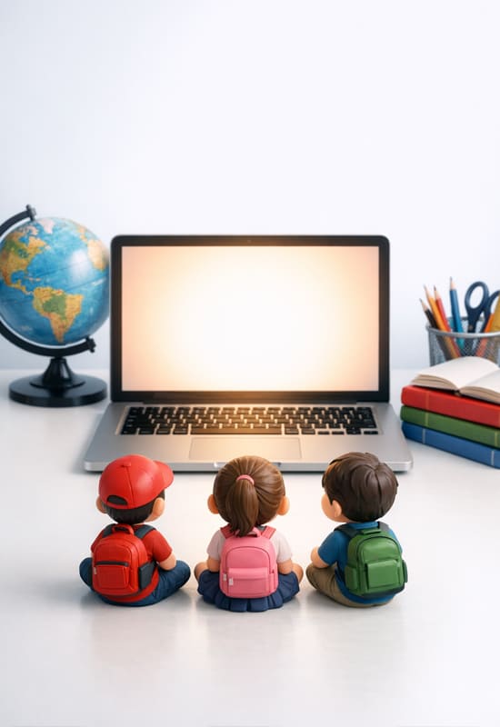 Family engaged in full-time online education with SHKOLA - parents supporting child's learning at home